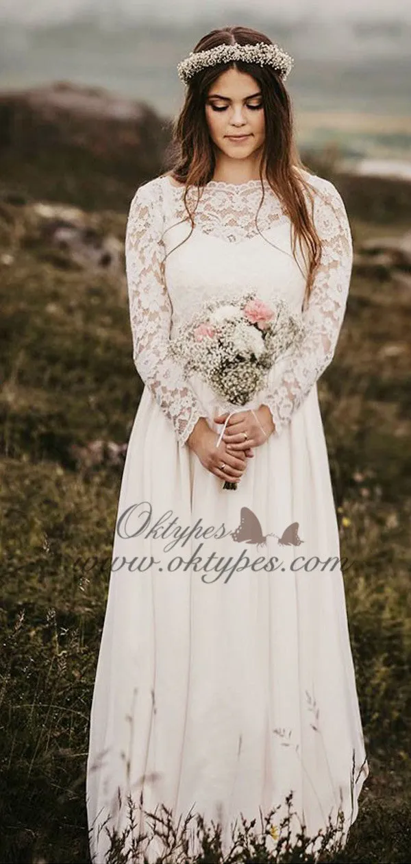 A-Line Bateau Long Chiffon Wedding Dresses with Long Sleeves, TYP1547