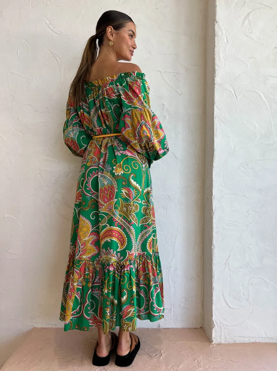 Alemais Marion Off Shoulder Midi Dress in Emerald
