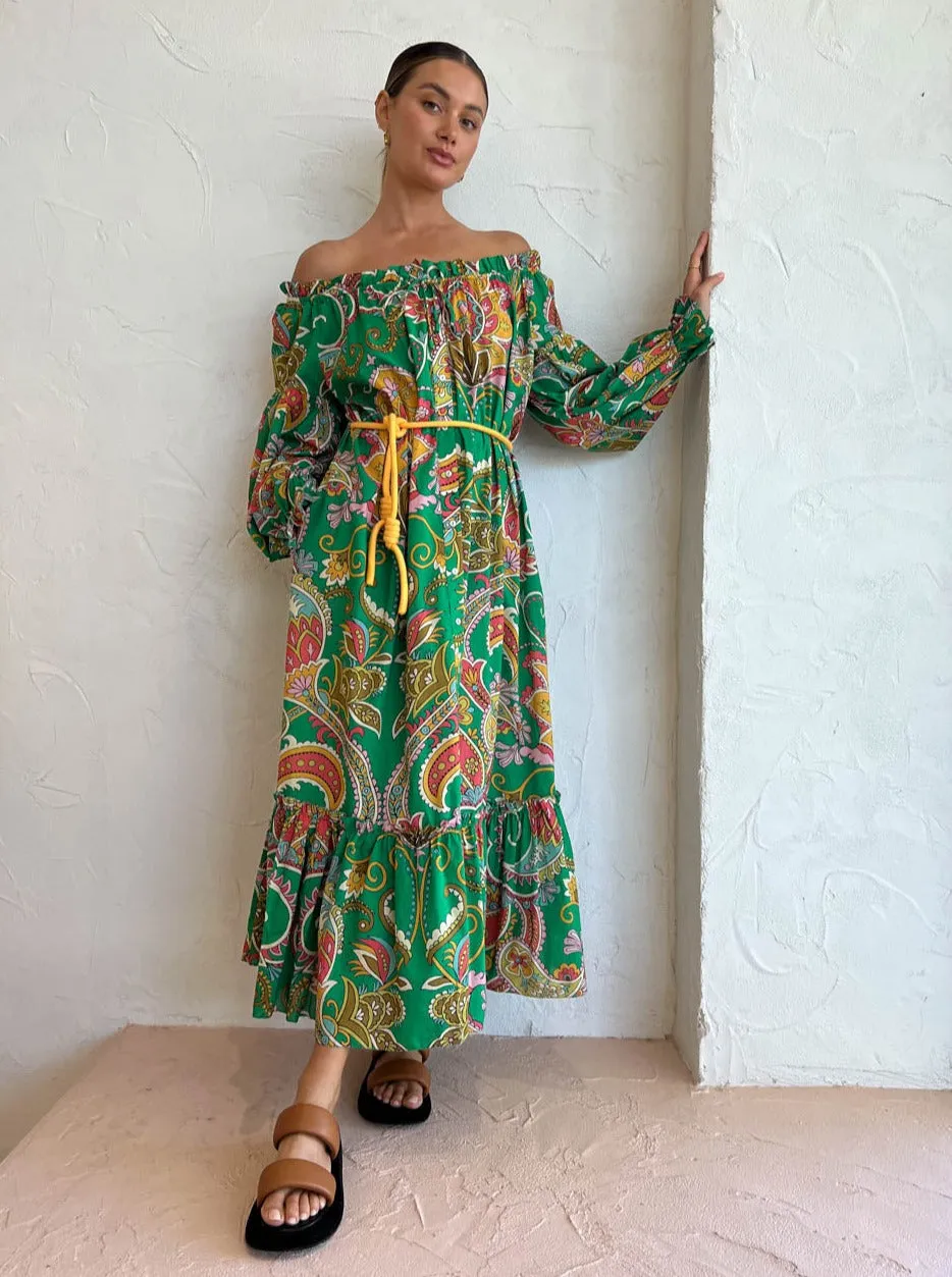 Alemais Marion Off Shoulder Midi Dress in Emerald
