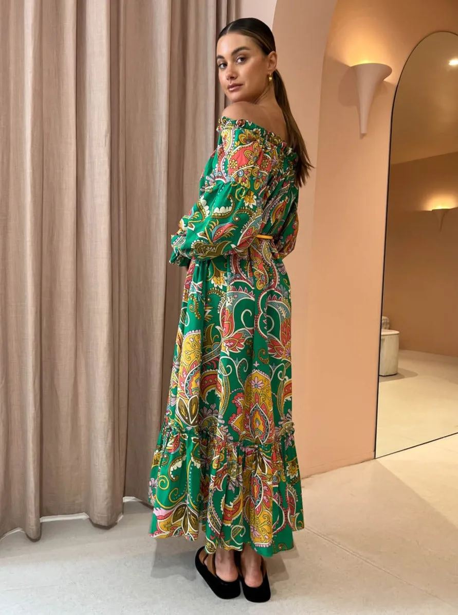 Alemais Marion Off Shoulder Midi Dress in Emerald