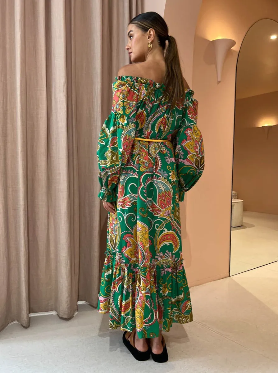 Alemais Marion Off Shoulder Midi Dress in Emerald
