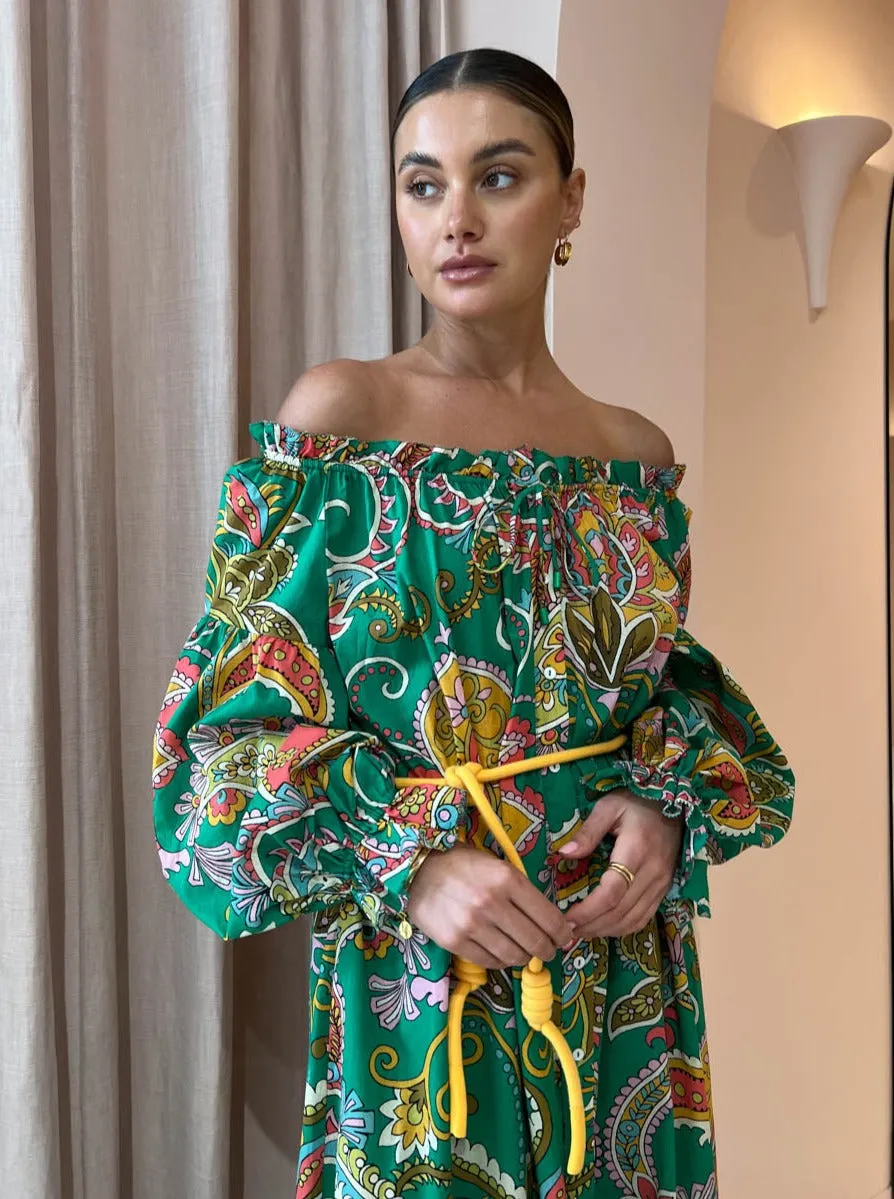 Alemais Marion Off Shoulder Midi Dress in Emerald