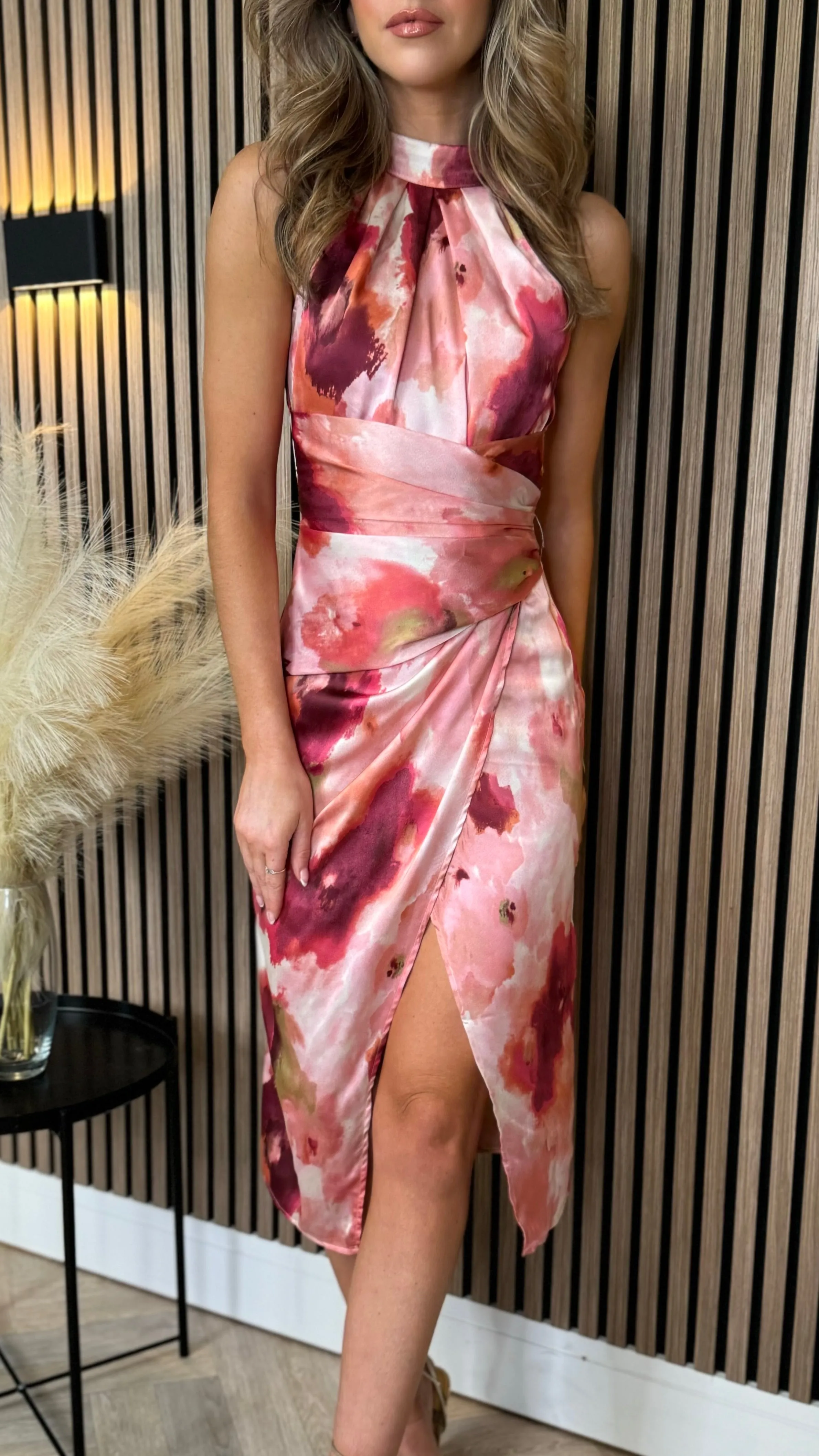 Allie Blush Rose Printed Halter Neck Midi Dress