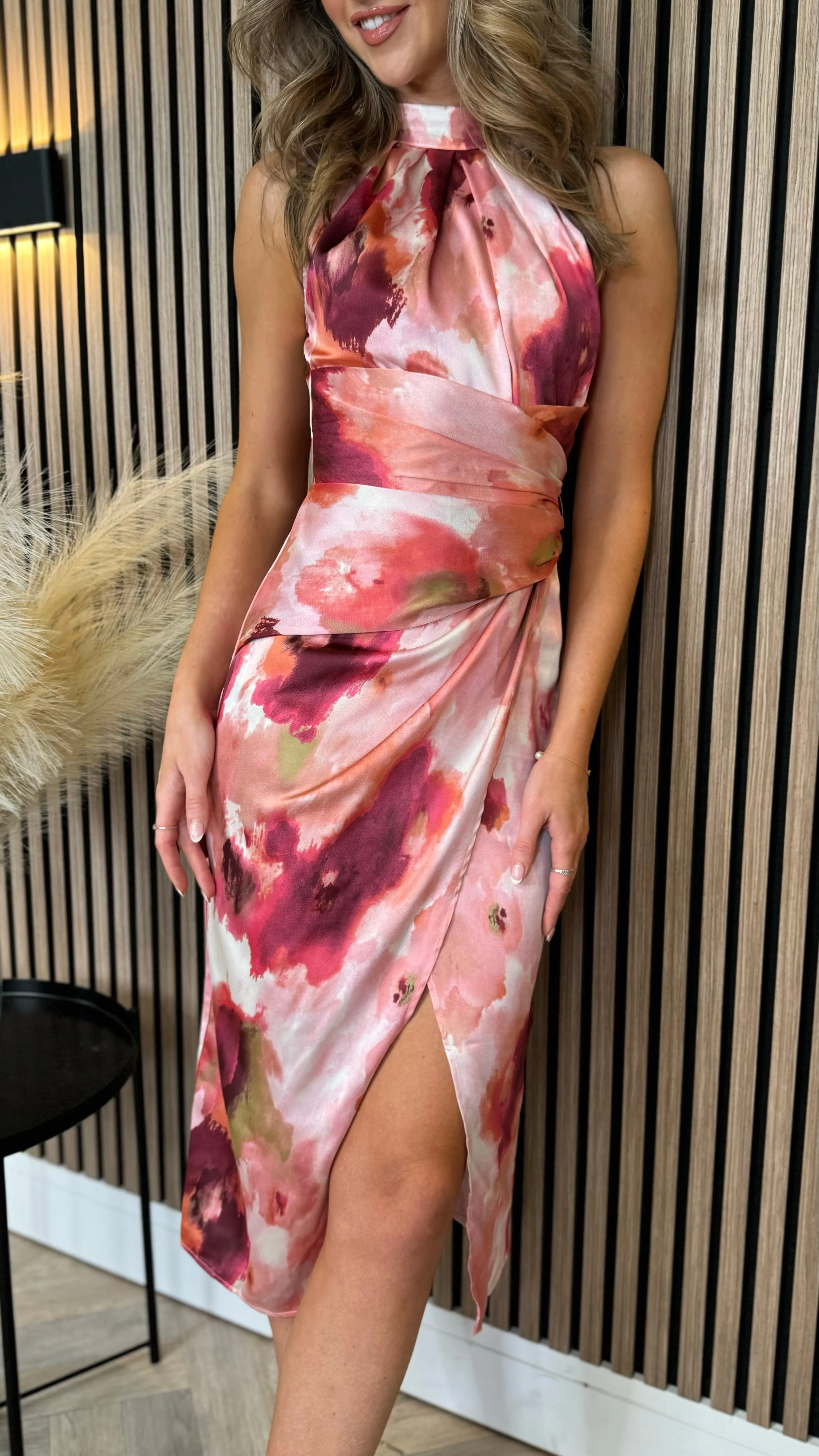 Allie Blush Rose Printed Halter Neck Midi Dress