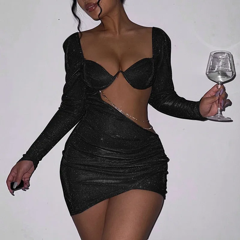 Amy Fashion - Chain Hollow Out Shiny Strapless Ruched Dress