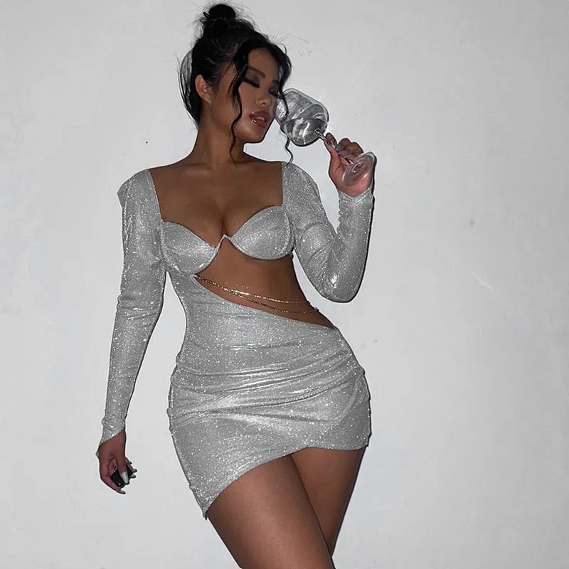 Amy Fashion - Chain Hollow Out Shiny Strapless Ruched Dress
