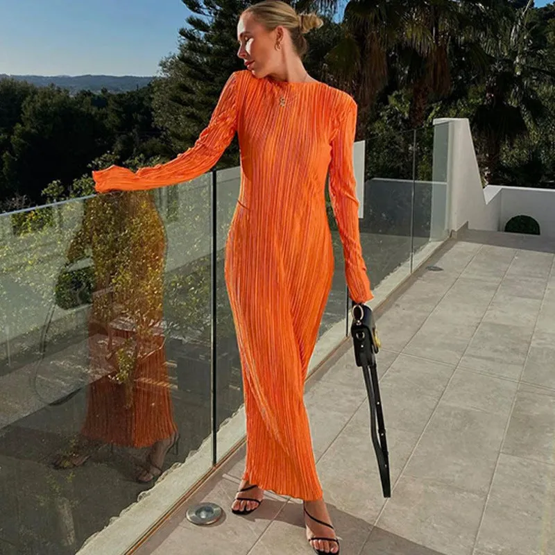 BerriesJam - 2024 2024 Ruched Casual Evening Outfits Long Sleeve Maxi Dress