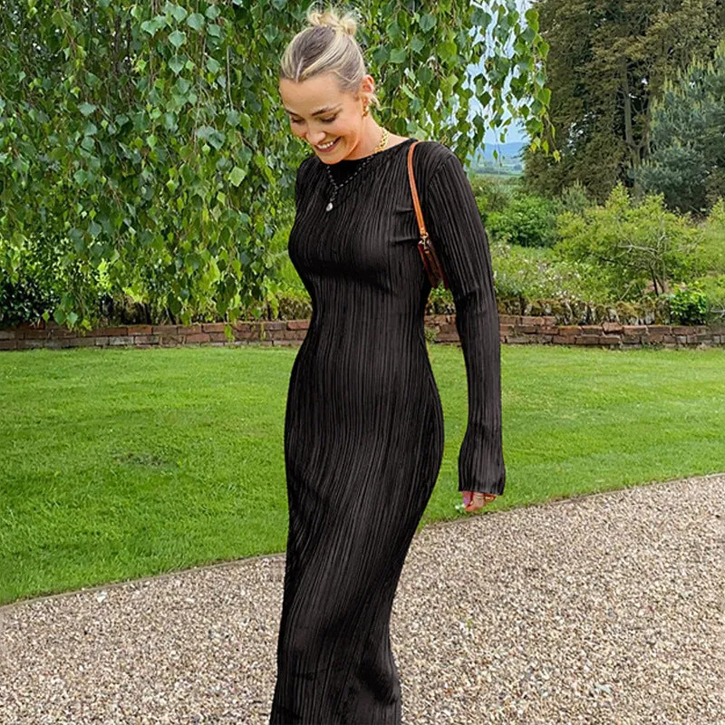 BerriesJam - 2024 2024 Ruched Casual Evening Outfits Long Sleeve Maxi Dress