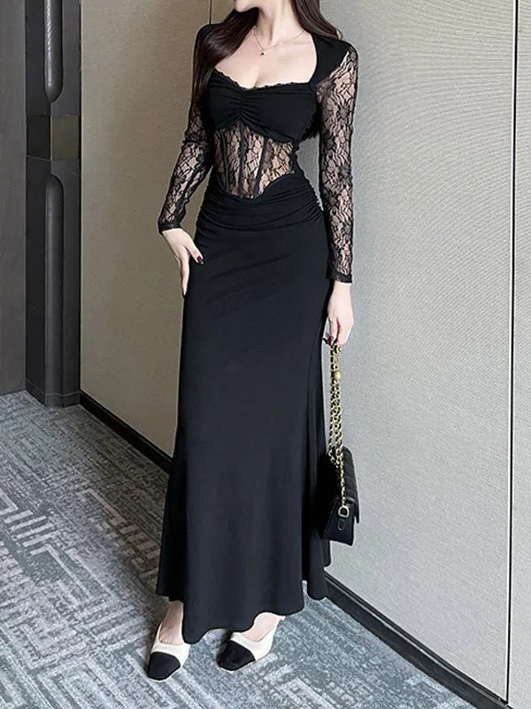 Black Lace Hollow Out Maxi Dress