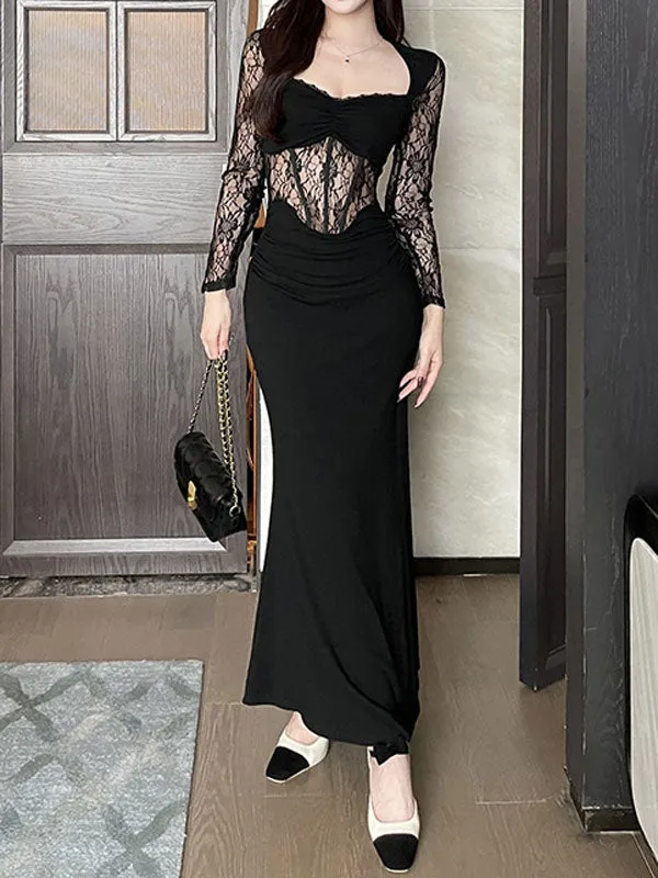 Black Lace Hollow Out Maxi Dress