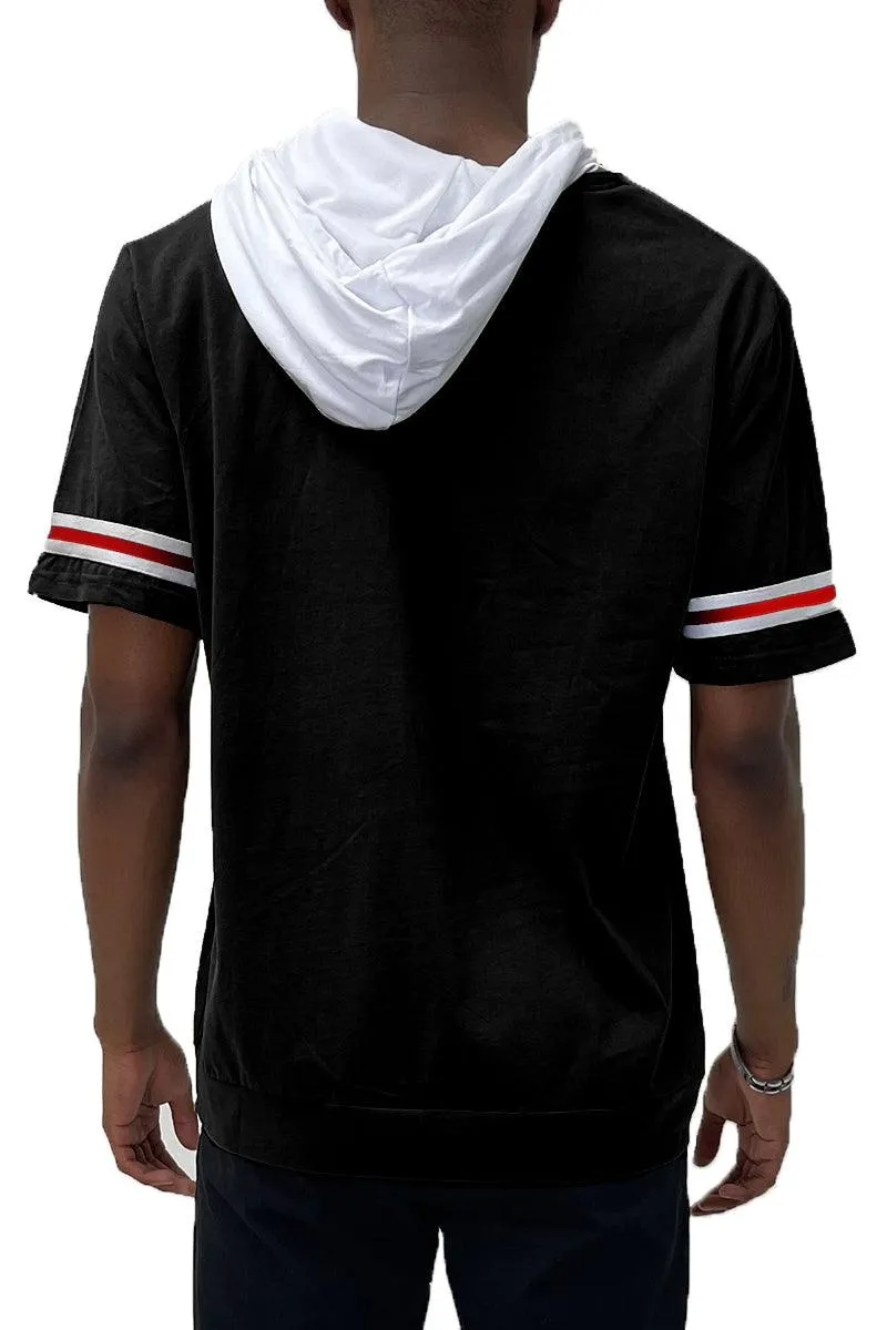 Black Red White Striped Tape Hooded Tee Mens