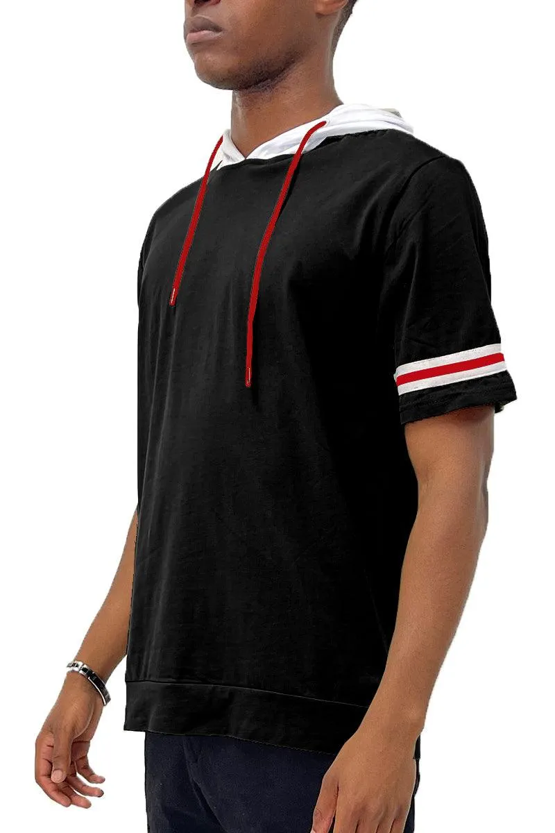 Black Red White Striped Tape Hooded Tee Mens