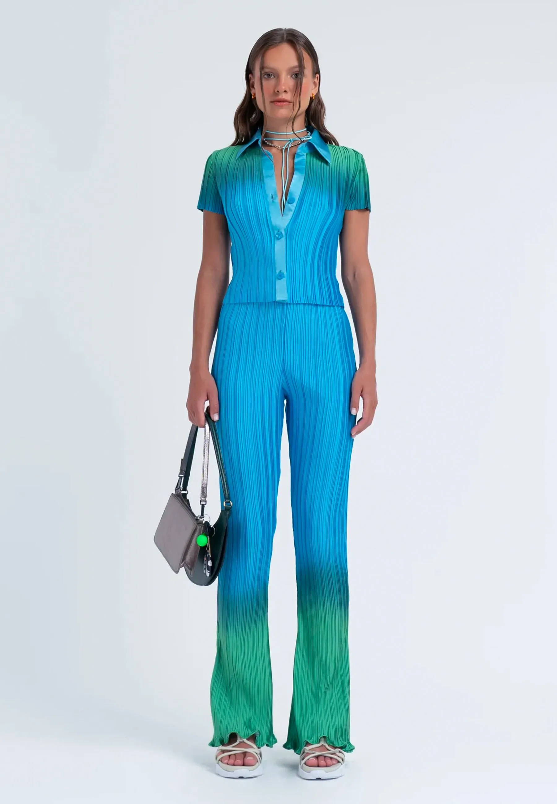 Box Pleat Flare Pant - Green Orb