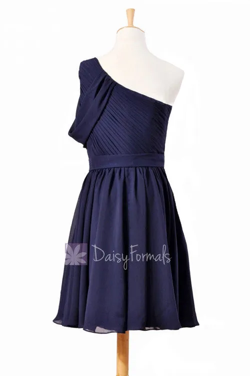 Chic Navy Chiffon One Shoulder Cocktail Dress Short Bridal Party Dress W/ Sash(BM280)