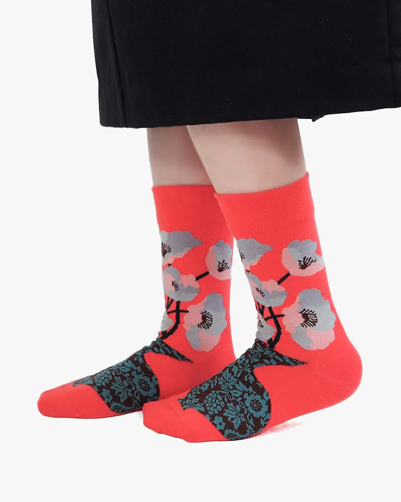 Debby Co., Crew Socks, Andé Collection, Strawberry with Multi-Color Flowers and Teal Patterns