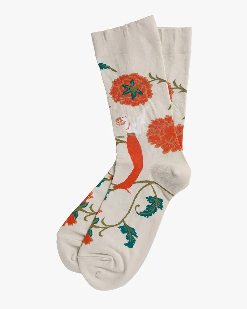 Debby Co., Crew Socks, Andé CollectionLight Grey with Blood Orange Flowers and Girl