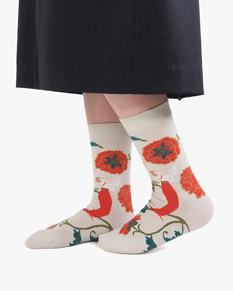 Debby Co., Crew Socks, Andé CollectionLight Grey with Blood Orange Flowers and Girl
