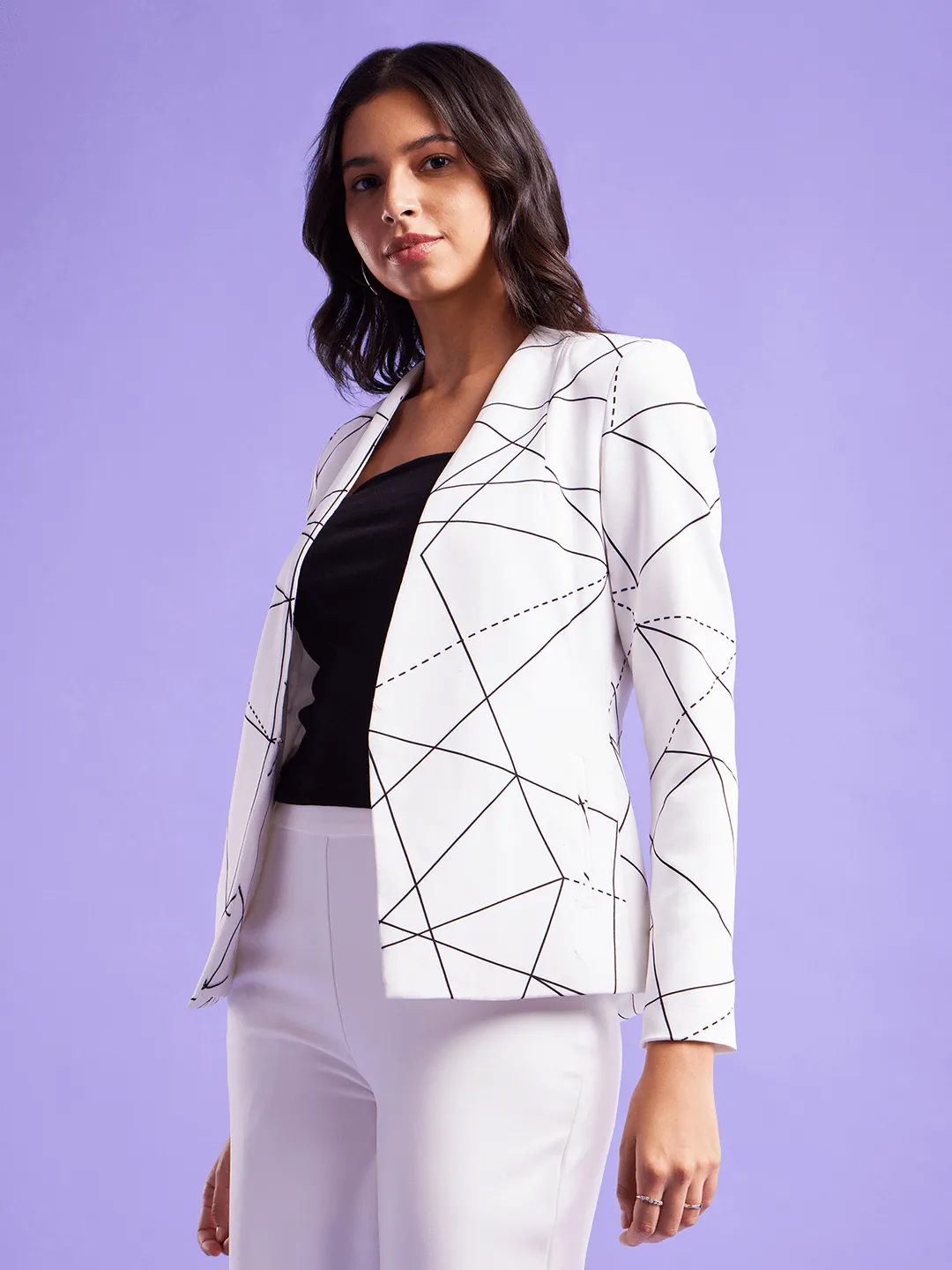 Geometric Open Front Blazer - White And Black
