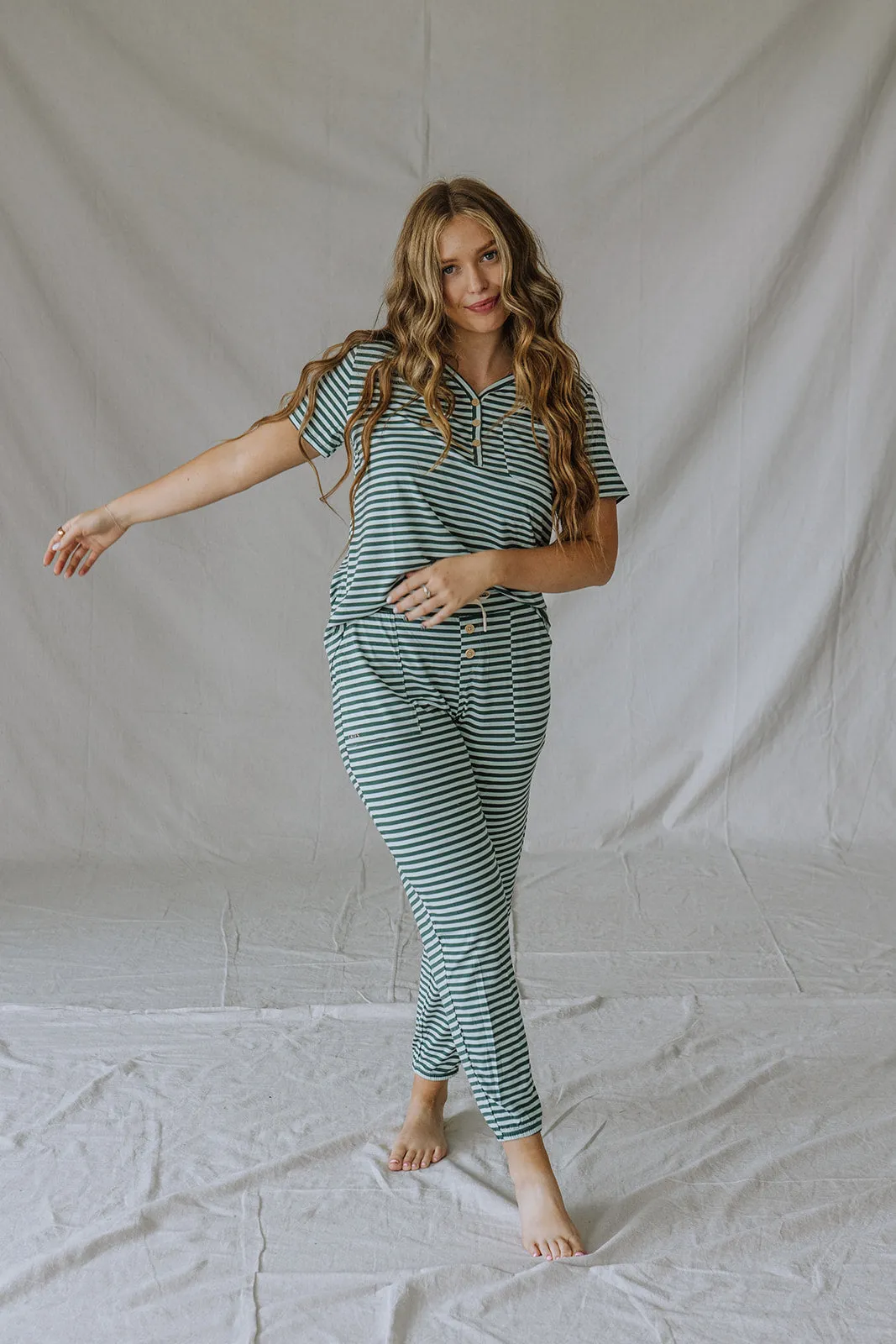 HENLEY PANTS SET SHORT SLEEVE | Cooling Oasis & Bistro Green Stripe