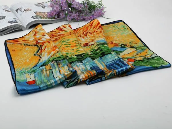 Large Square Silk Scarf 36x36" (90x90cm) Blue and Yellow Theme Classic Painting SZD012