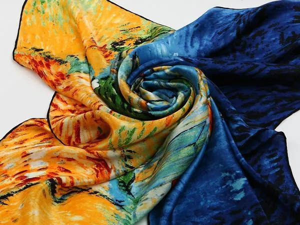 Large Square Silk Scarf 36x36" (90x90cm) Blue and Yellow Theme Classic Painting SZD012