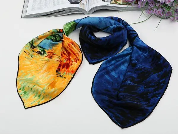 Large Square Silk Scarf 36x36" (90x90cm) Blue and Yellow Theme Classic Painting SZD012