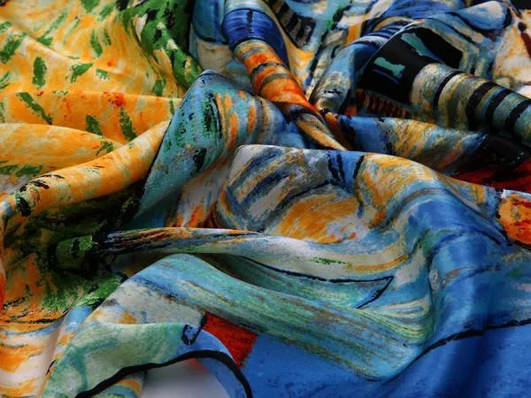 Large Square Silk Scarf 36x36" (90x90cm) Blue and Yellow Theme Classic Painting SZD012