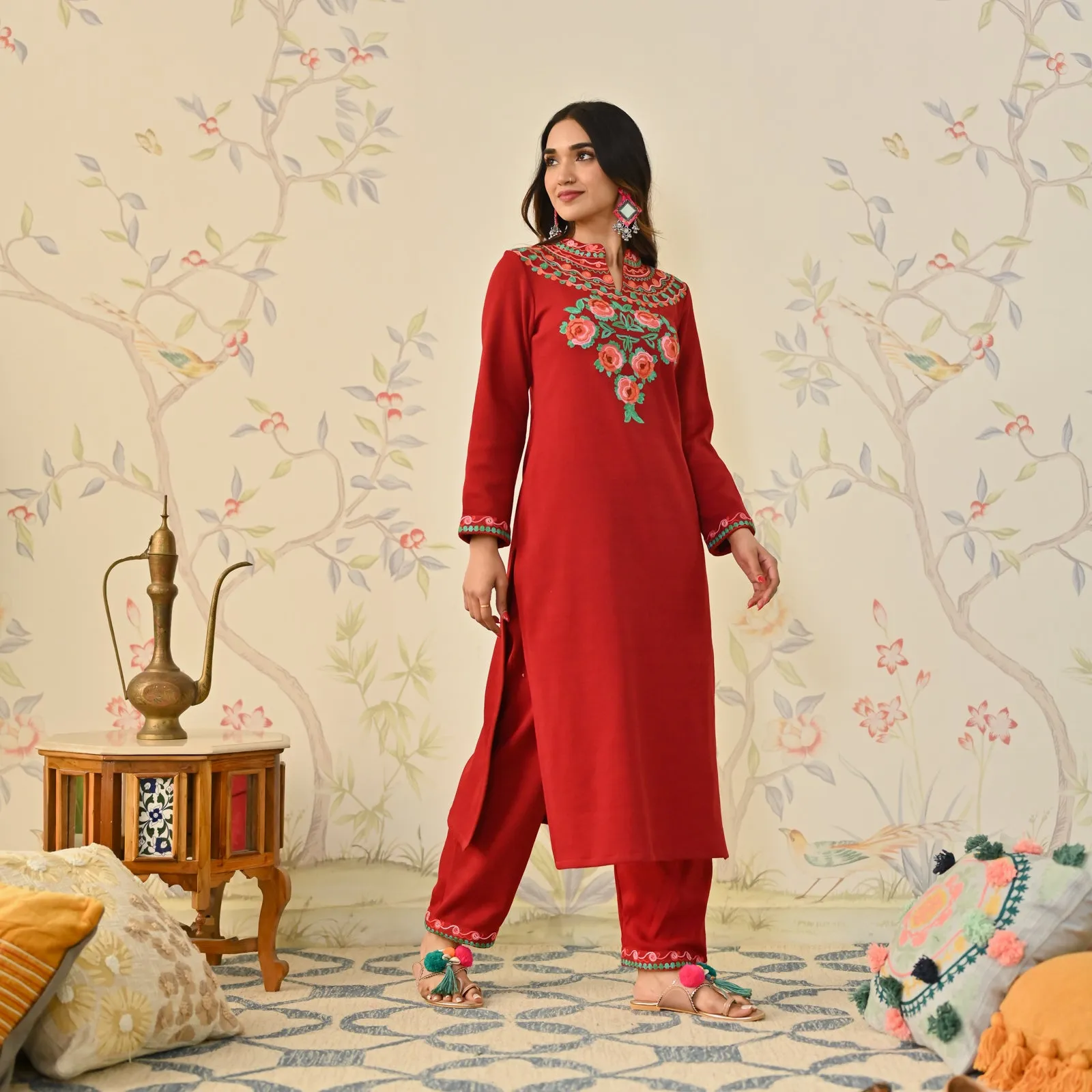 Maroon Woollen Aari Embroidered Floral Kurta Pant Set with Band Collar