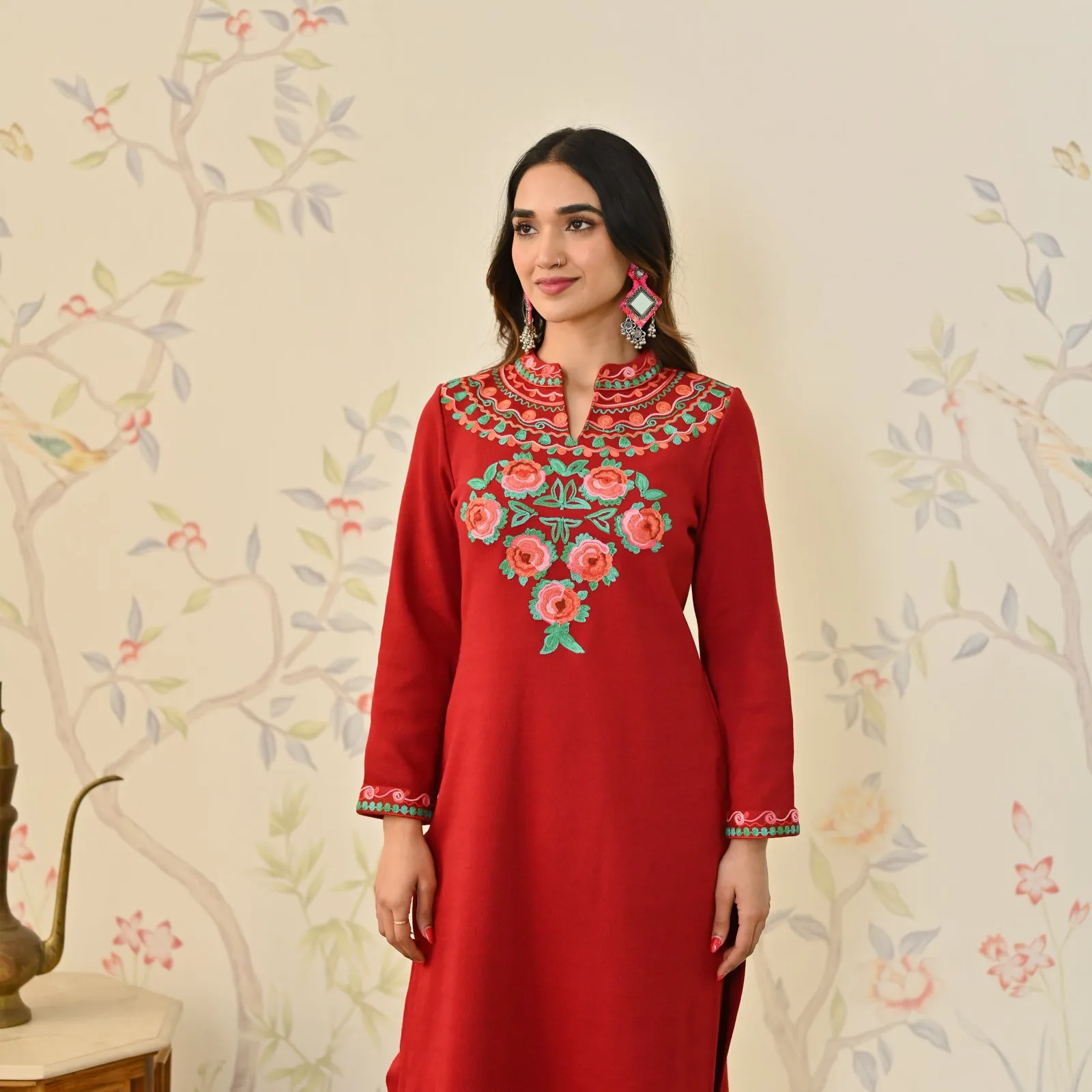Maroon Woollen Aari Embroidered Floral Kurta Pant Set with Band Collar