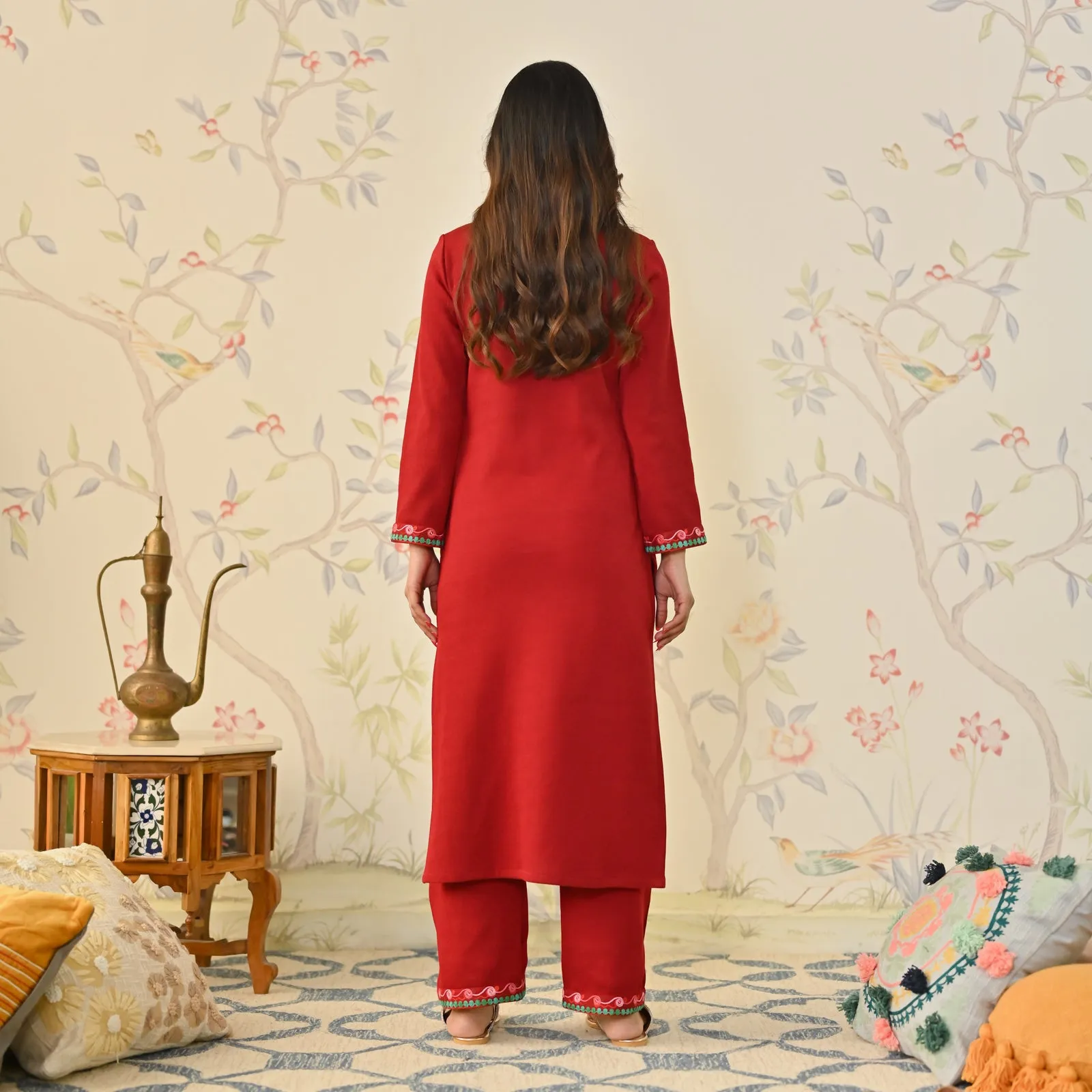 Maroon Woollen Aari Embroidered Floral Kurta Pant Set with Band Collar