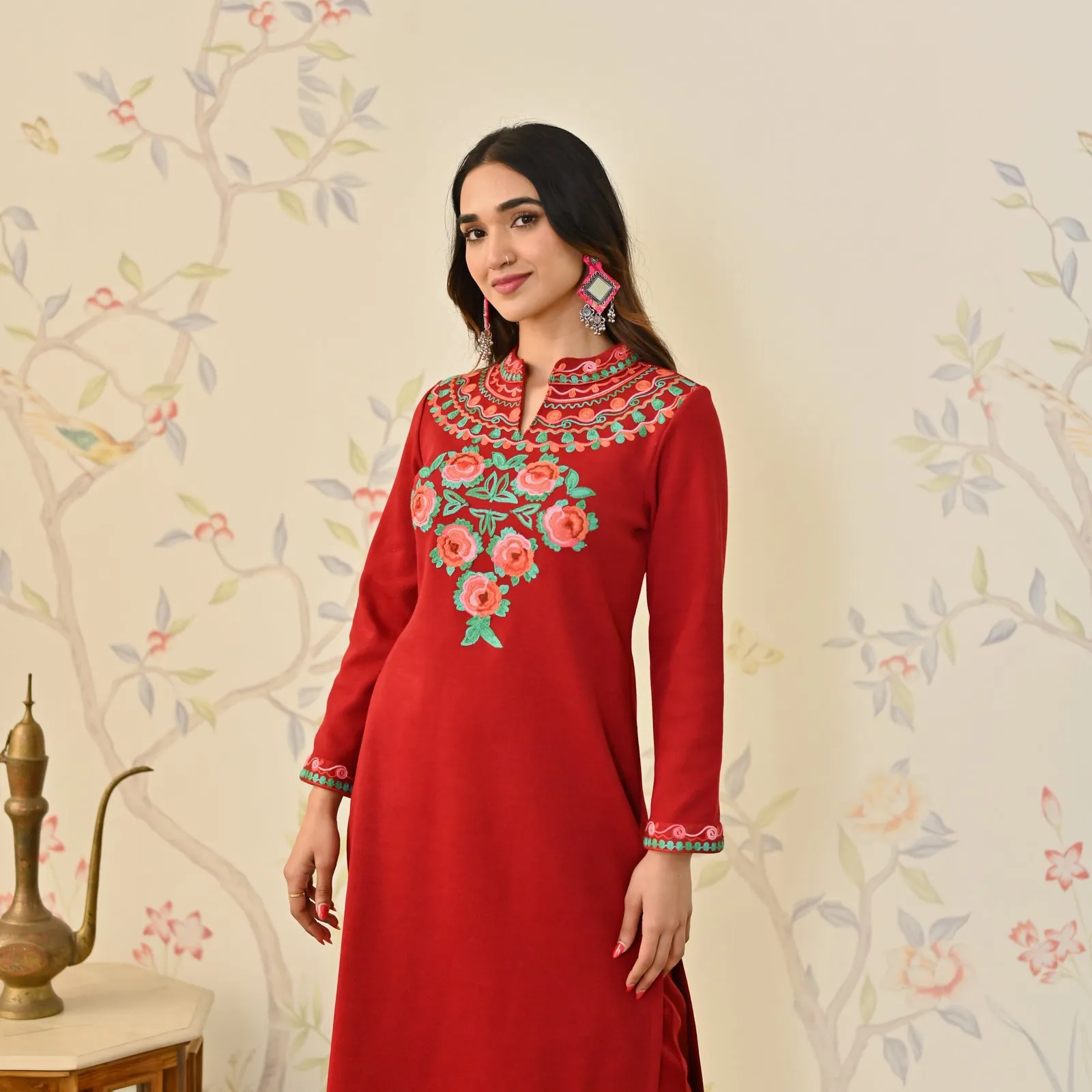 Maroon Woollen Aari Embroidered Floral Kurta Pant Set with Band Collar