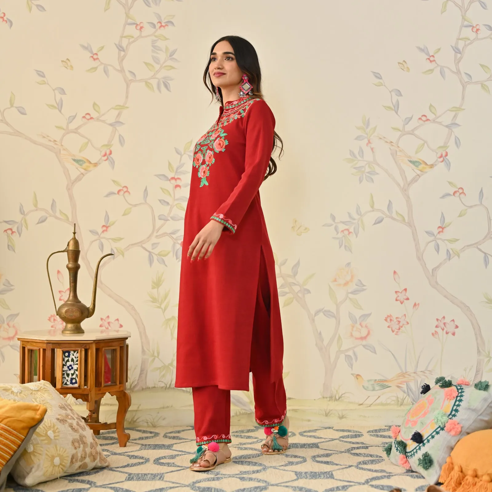 Maroon Woollen Aari Embroidered Floral Kurta Pant Set with Band Collar