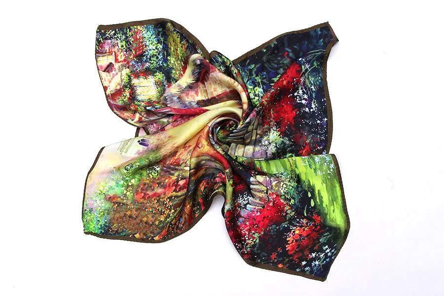 Mid-Sized Square Charmeuse Silk Scarf 28"x28" Brown Theme Classical Painting Print ZFD007