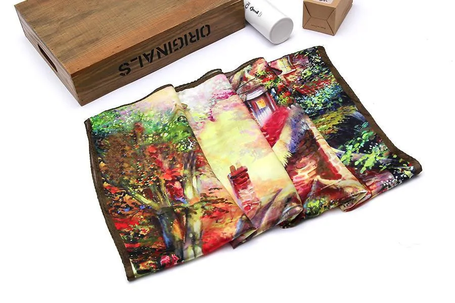 Mid-Sized Square Charmeuse Silk Scarf 28"x28" Brown Theme Classical Painting Print ZFD007