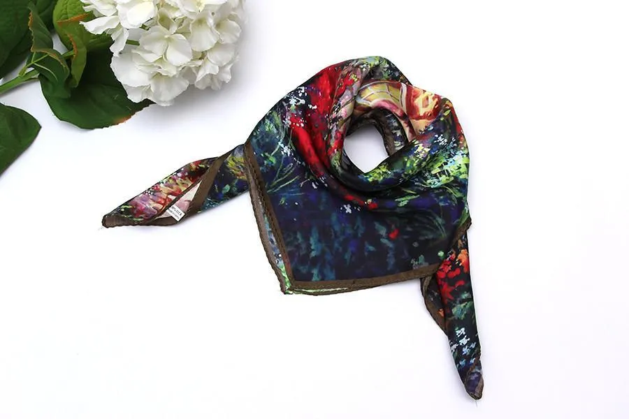 Mid-Sized Square Charmeuse Silk Scarf 28"x28" Brown Theme Classical Painting Print ZFD007