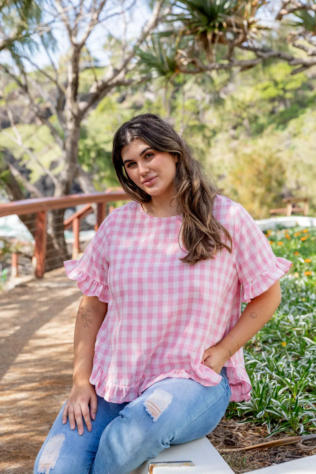 Nikki Pink Check Top by Worthier