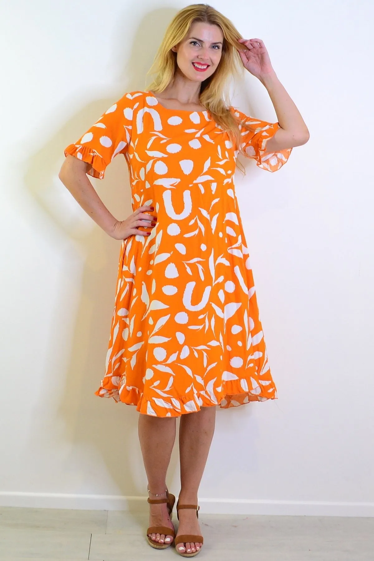 Orange White Spots Print Summer Dress