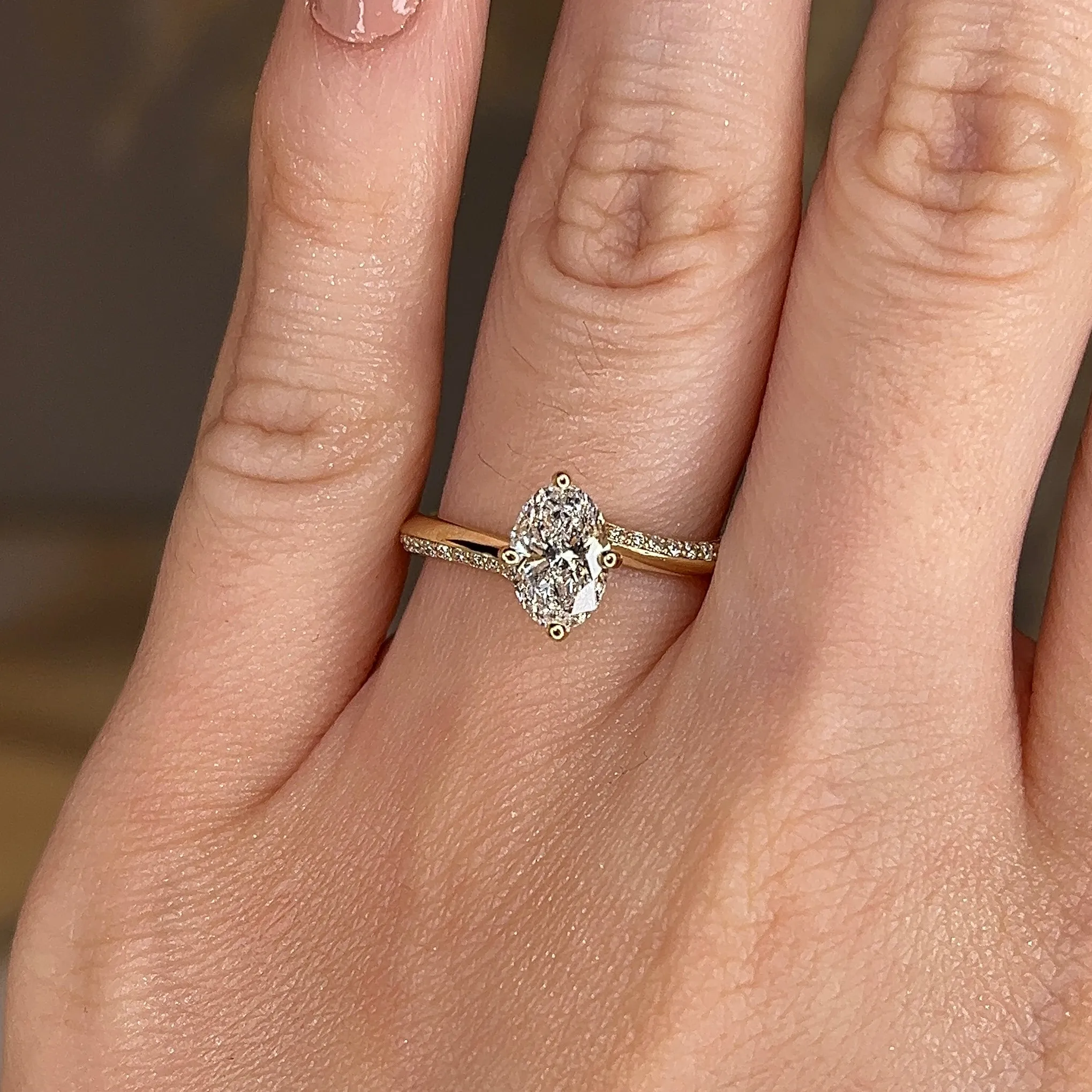 "Halle" 1 Carat Oval Cut Diamond Irregular Twist Diamond Shoulders Engagement Ring