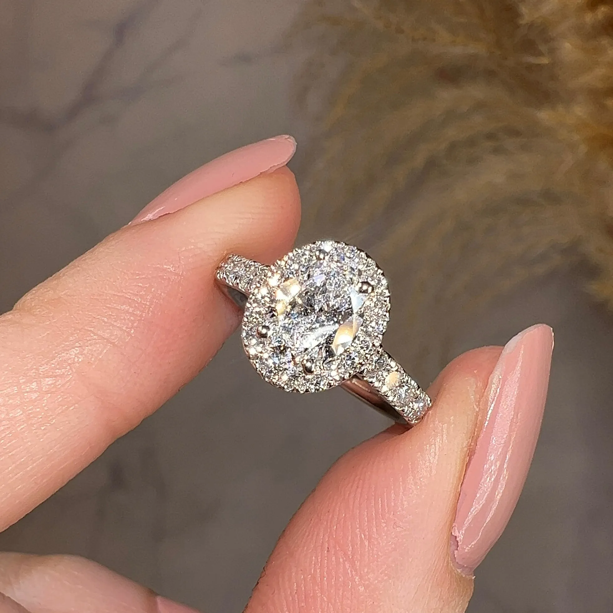 "Morgan" Halo 1.50 Carat Oval Cut Diamond Shoulders Engagement Ring