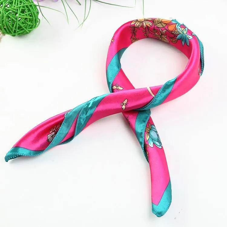 Small Square Satin Scarf Pink Theme Flower Print XAT002