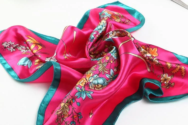 Small Square Satin Scarf Pink Theme Flower Print XAT002