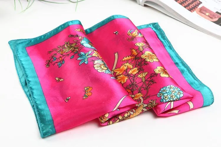 Small Square Satin Scarf Pink Theme Flower Print XAT002