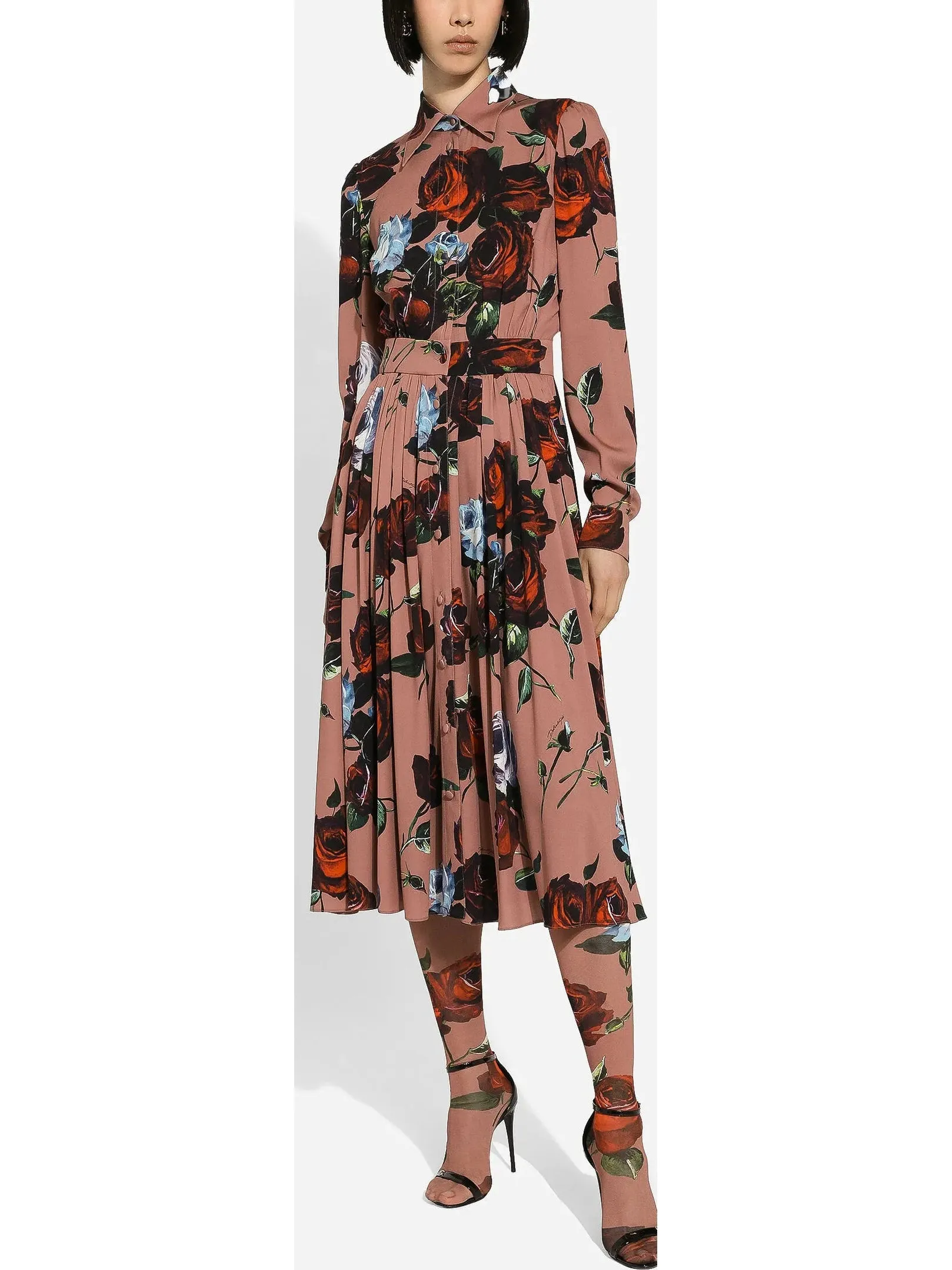 Women’s Charmeuse Shirt Dress with Vintage Rose Print