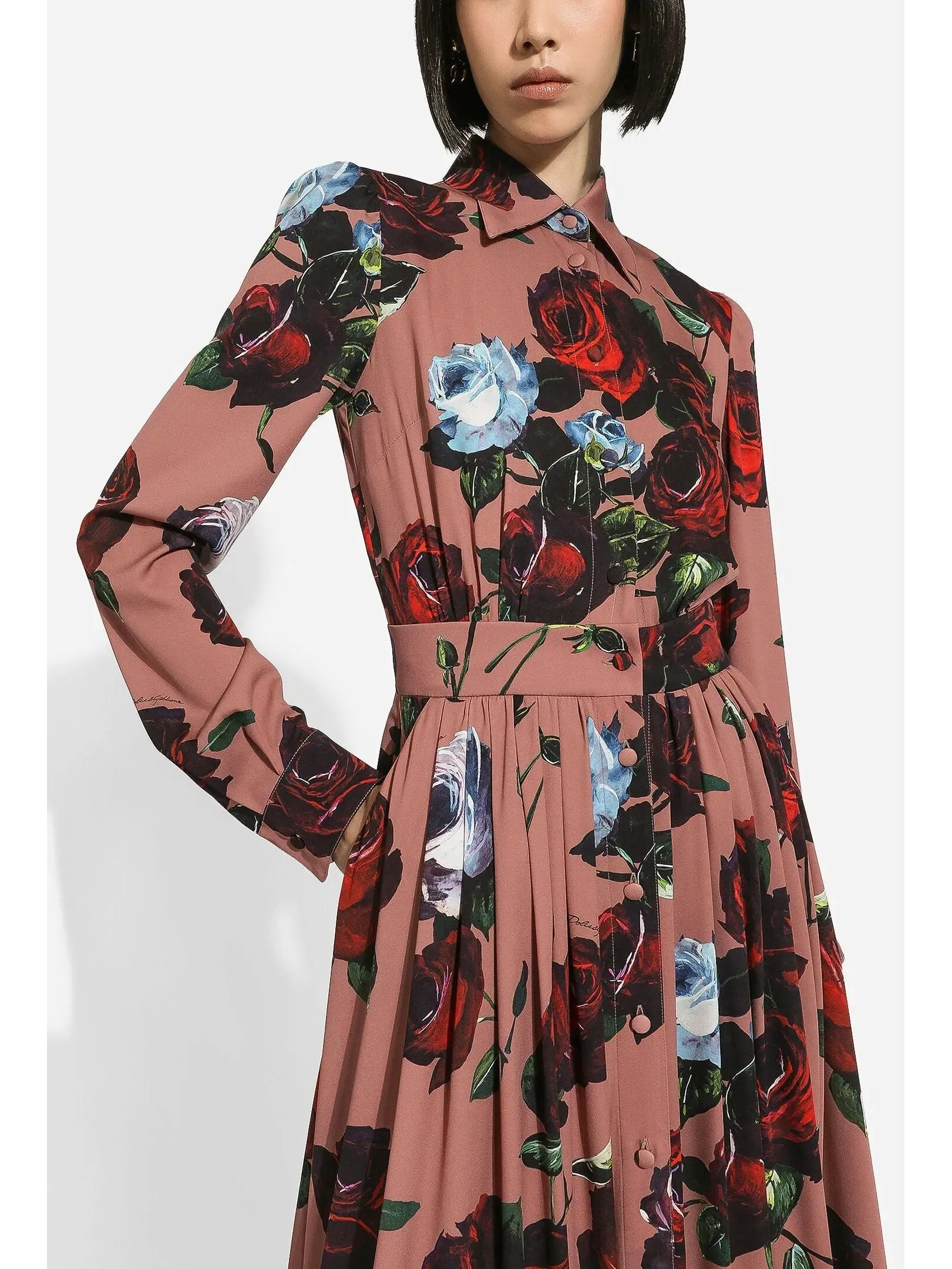 Women’s Charmeuse Shirt Dress with Vintage Rose Print