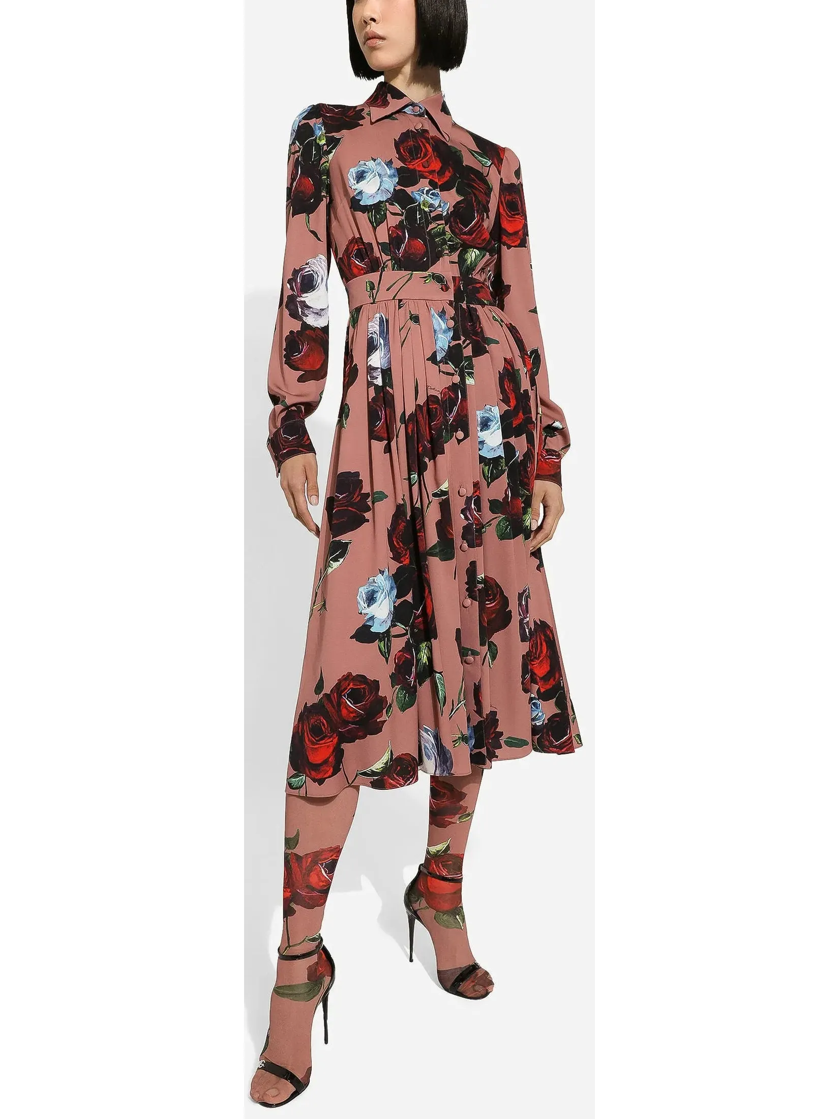 Women’s Charmeuse Shirt Dress with Vintage Rose Print