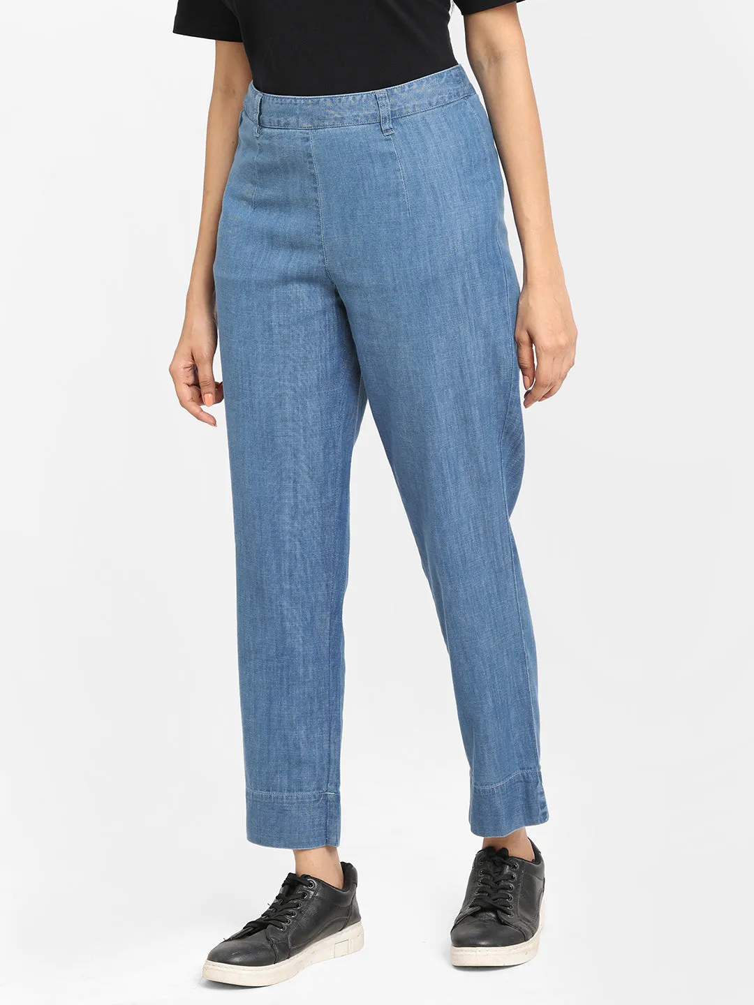 Women's Denim Blue Cotton Viscose  Regular Fit Pant