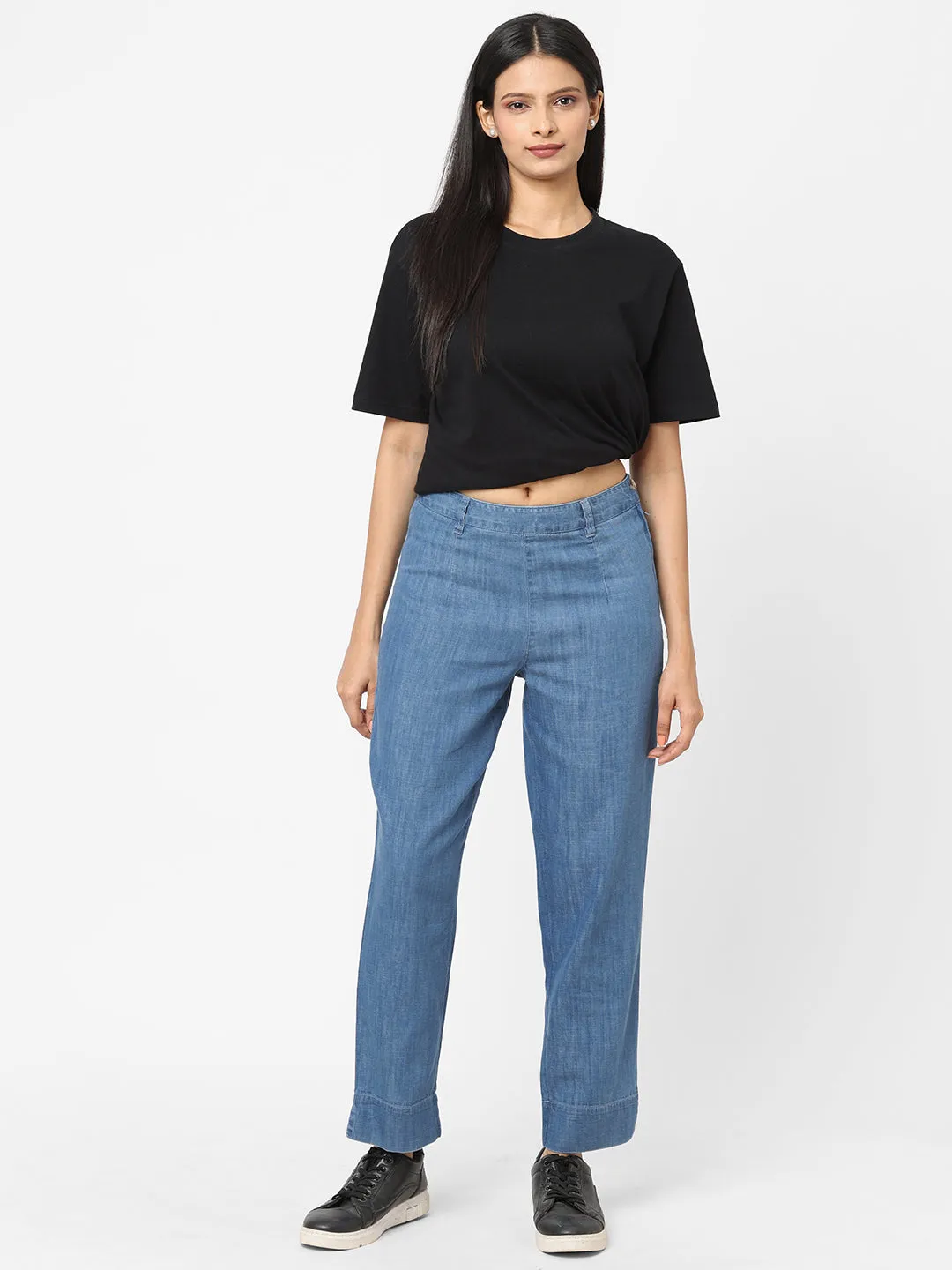 Women's Denim Blue Cotton Viscose  Regular Fit Pant